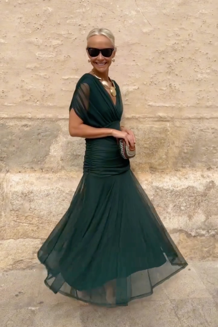 Caye™ - Robe de soirée longue élégante avec col en V et imprimé floral peint à la main