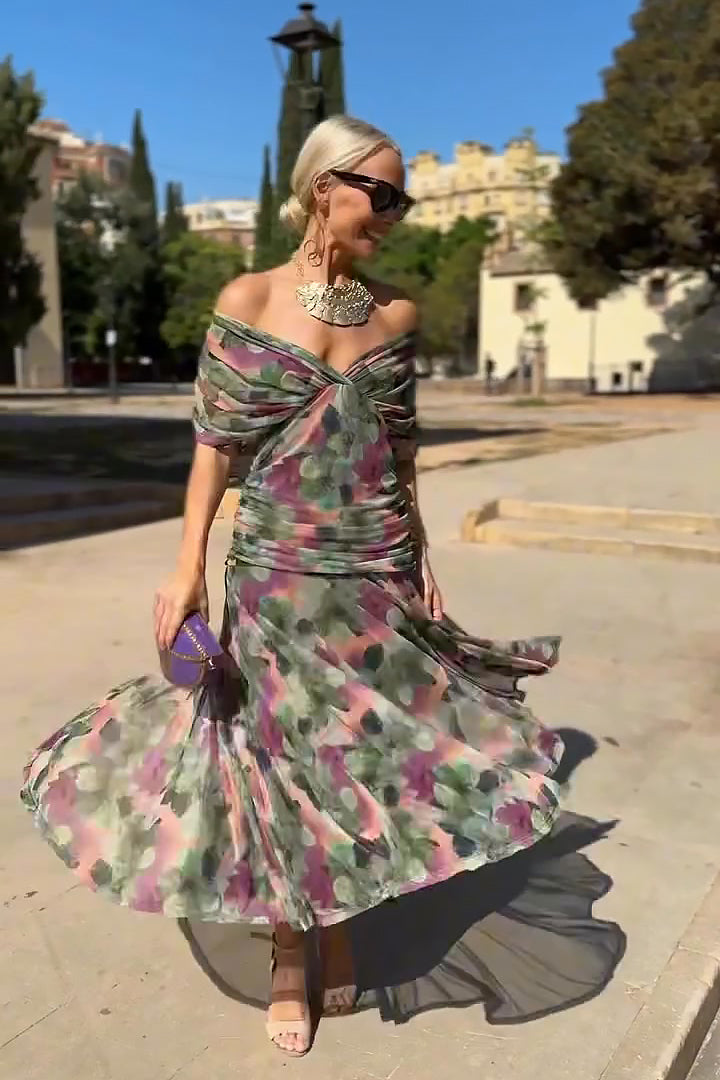 Caye™ - Robe de soirée longue élégante avec col en V et imprimé floral peint à la main