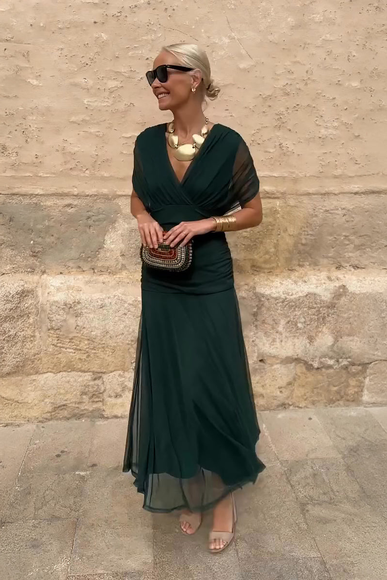 Caye™ - Robe de soirée longue élégante avec col en V et imprimé floral peint à la main