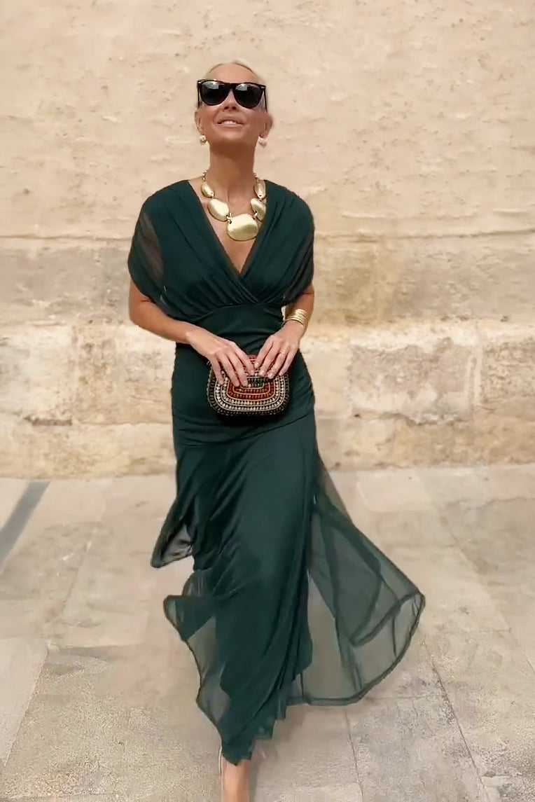 Caye™ - Robe de soirée longue élégante avec col en V et imprimé floral peint à la main