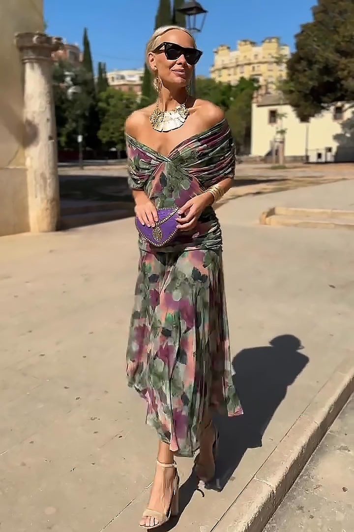 Caye™ - Robe de soirée longue élégante avec col en V et imprimé floral peint à la main