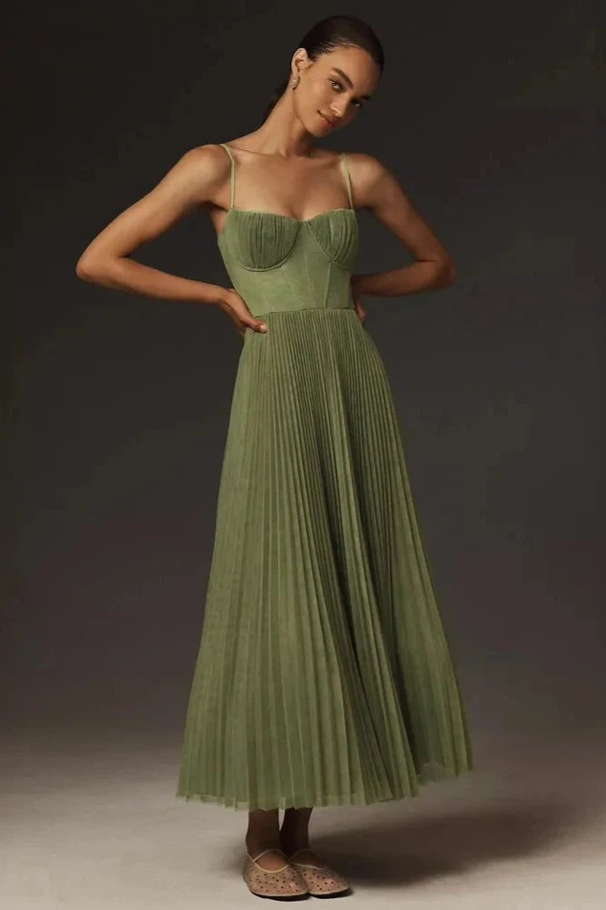 Caye™ - Robe bustier midi en tulle plissé, ajustée et évasée