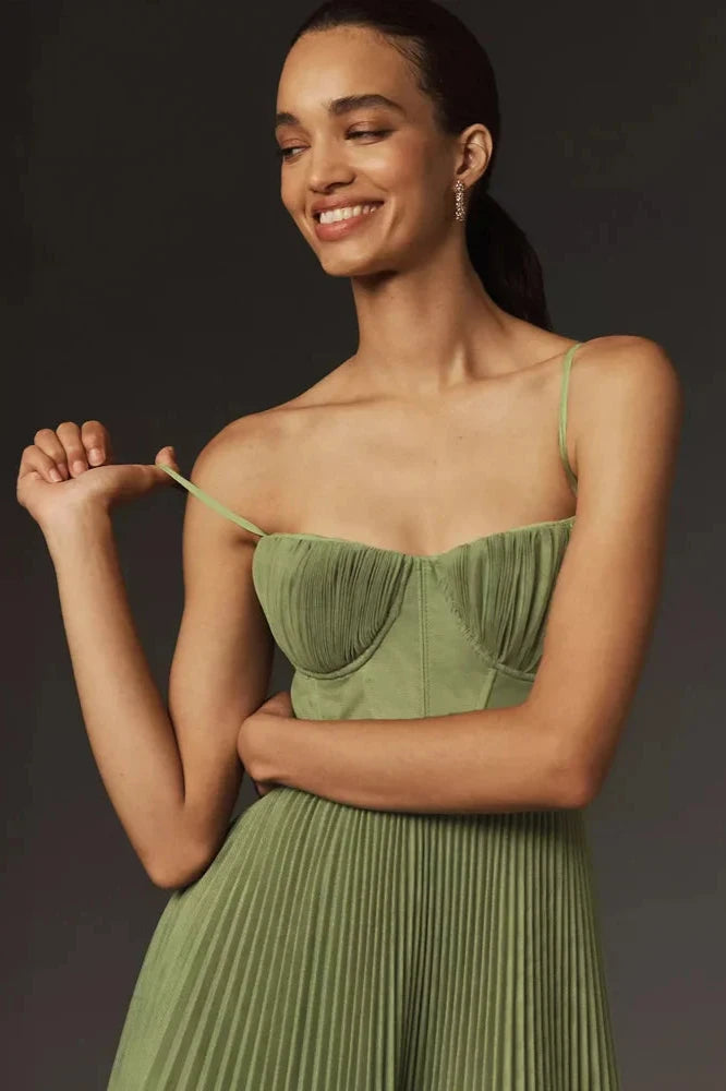 Caye™ - Robe bustier midi en tulle plissé, ajustée et évasée