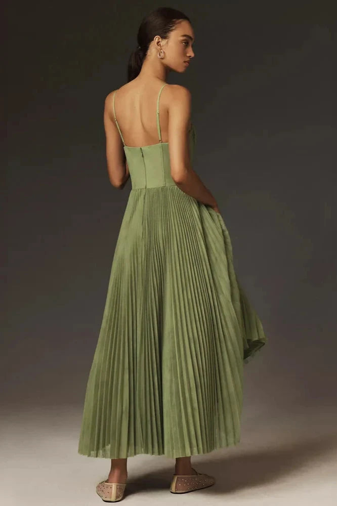 Caye™ - Robe bustier midi en tulle plissé, ajustée et évasée